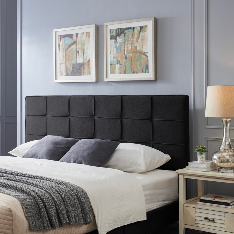 Tall Charcoal Upholstered Headboard with Modern Grid Tufting