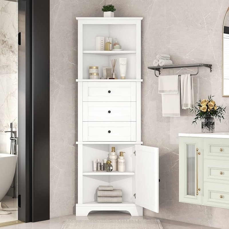 Tall Corner Cabinet with 3 Drawers and Black Knob Hardware