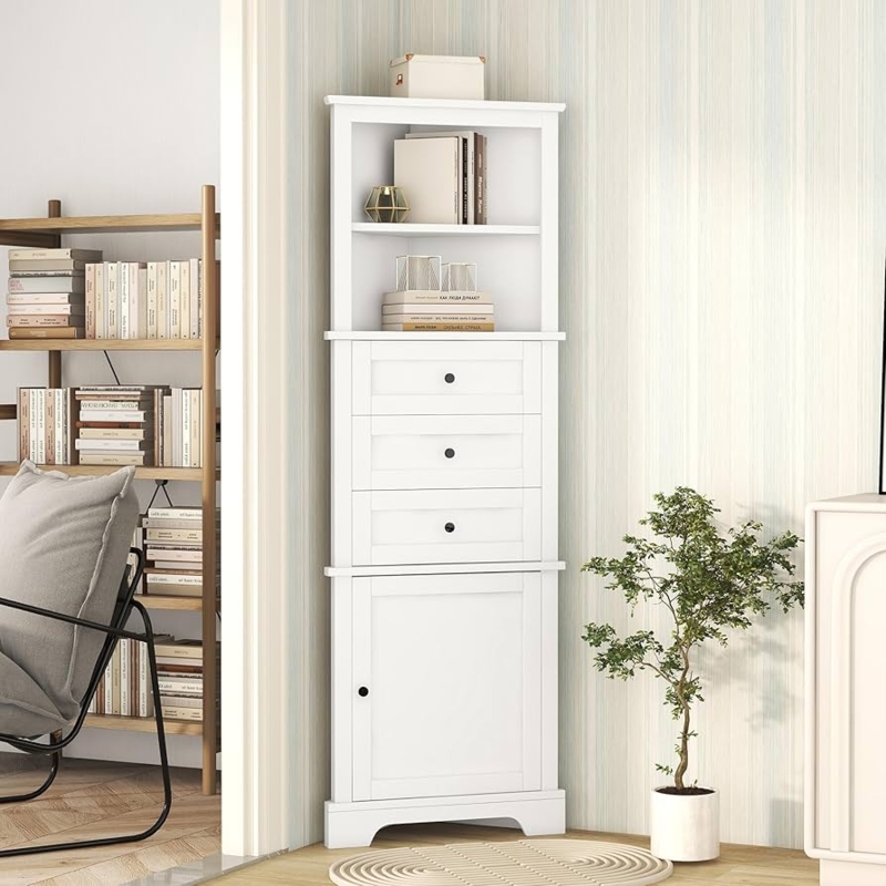 Tall Corner Pantry Cabinet featuring Recessed Panels and Arched Base