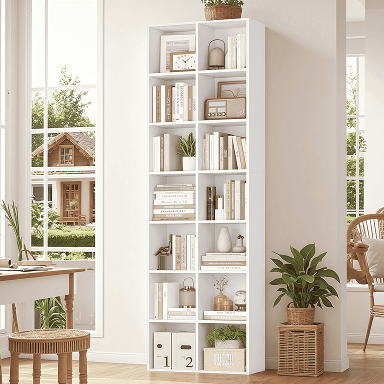 Tall Double Column Bookcase 14 Tier Cubby Storage Unit