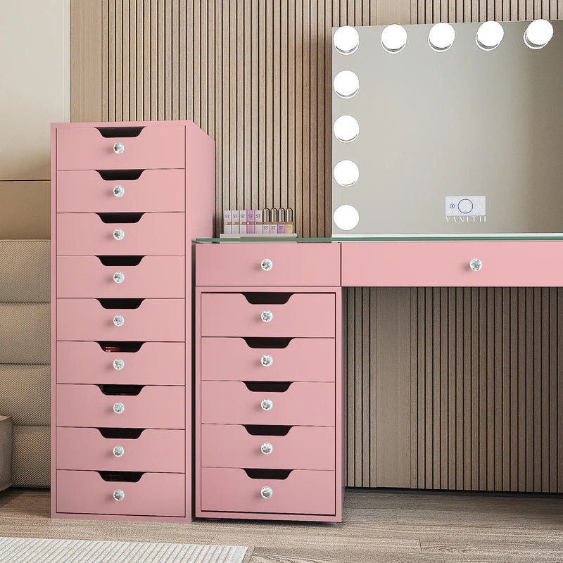 Tall Drawer Chest with Nine Drawers, Crystal Knobs, Cutout Pulls