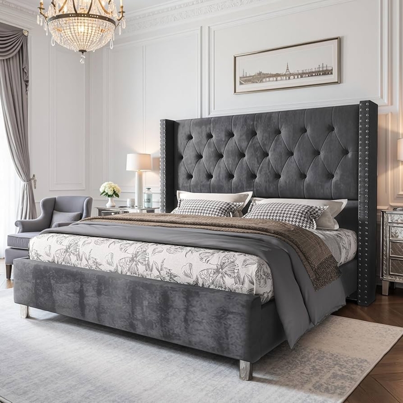 Tall Grey Tufted Bed Frame Velvet Wingback Design Glam Style Nailhead Trim