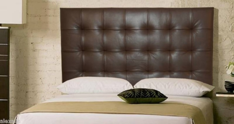 Tall Headboard Chocolate Leather Grid Tufted Modern Design