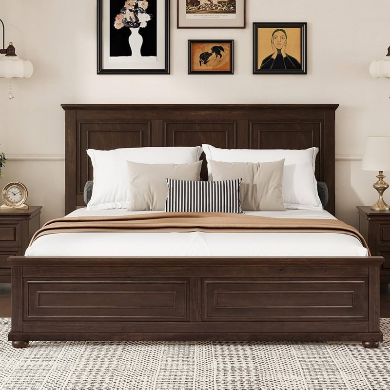 Tall Headboard Platform Bed Dark Brown Recessed Panels