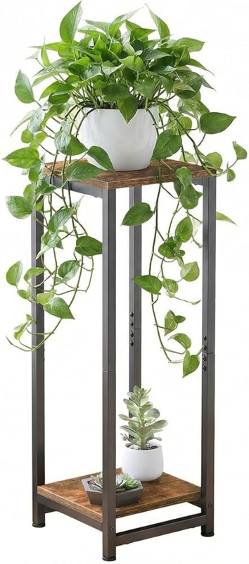 Tall Indoor Plant Stand Pedestal Style Black Frame Wood Shelves