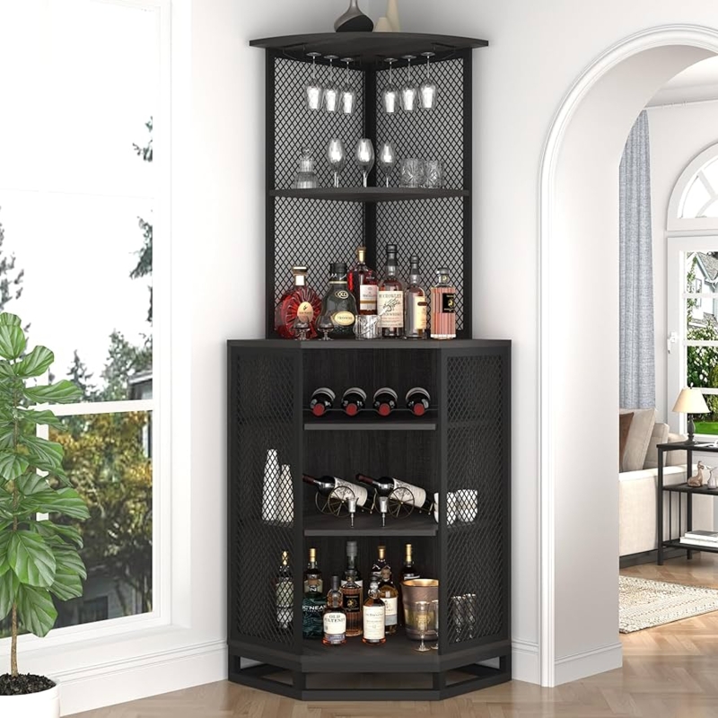 Tall Industrial Corner Bar Cabinet with Mesh Panels & Wine Rack