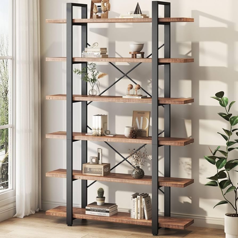 Tall Industrial Etagere Bookcase, 6-Tier Distressed Wood & X-Brace