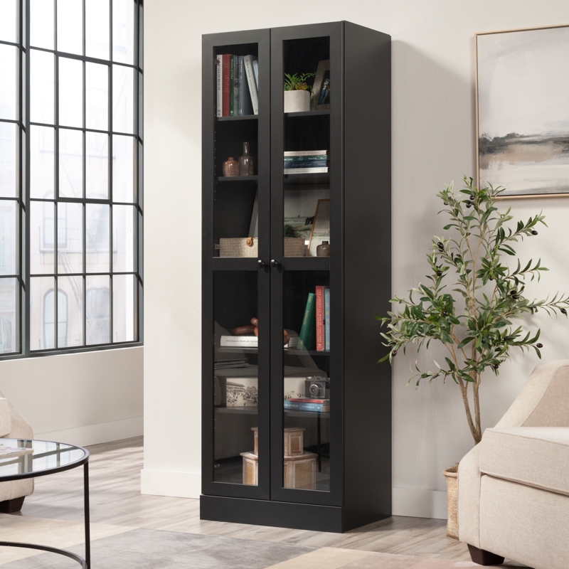 Tall Matte Black Bookcase with Glass Doors and Simple Knobs