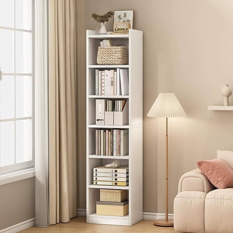 Tall Narrow Bookcase Matte White Six Tier Slim Vertical Storage