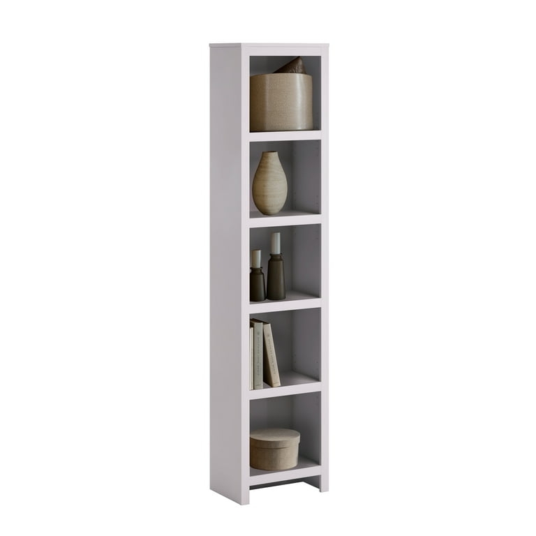 Tall Narrow Bookcase Recessed Base Five Tiers Adjustable Shelving Small Space