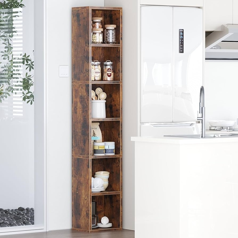 Tall Narrow Bookcase Rustic Brown Finish Six Tier Cubes Slim Pantry Unit