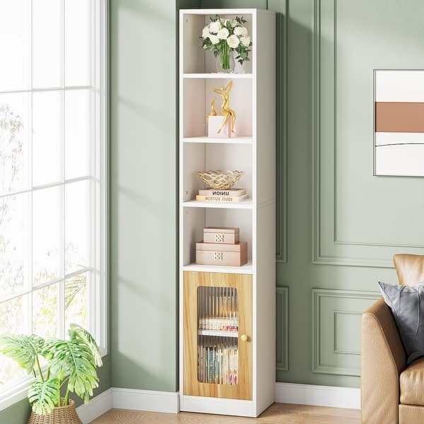 Tall Narrow Bookcase White Fluted Glass Door 6-Tier Minimalist