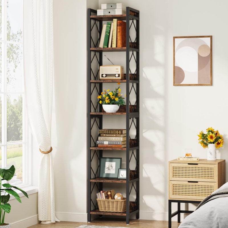 Tall Narrow Bookshelf 7 Tier Rustic Wood X Brace Industrial Style