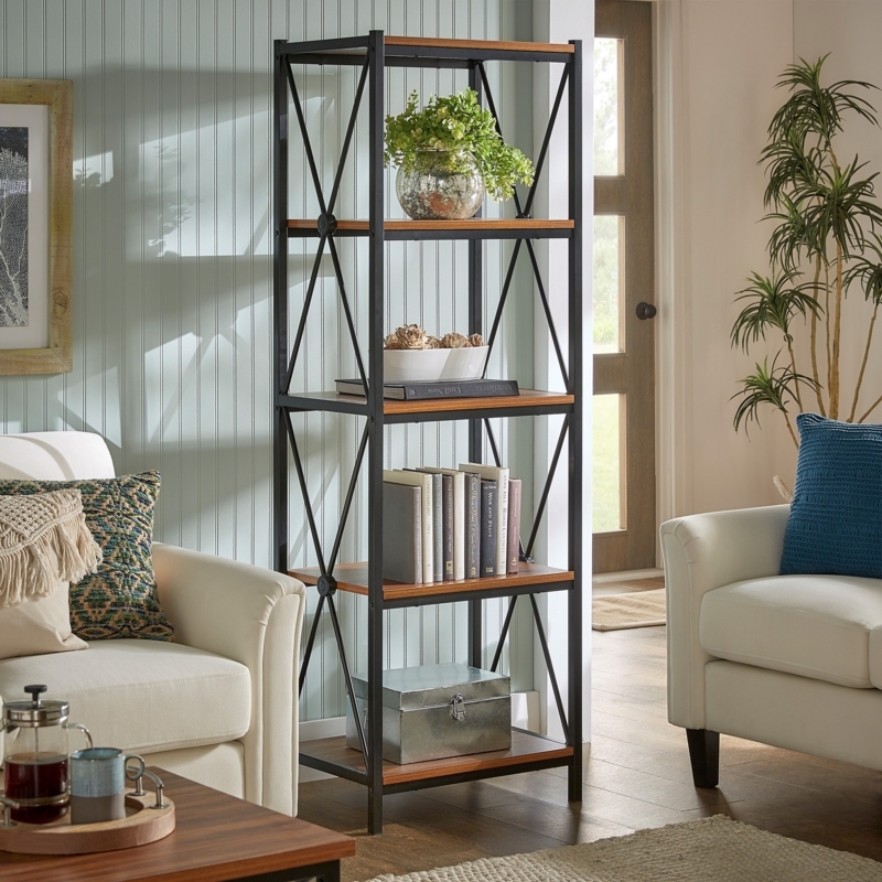 Tall Narrow Etagere Bookcase with Black X-Frame Bracing