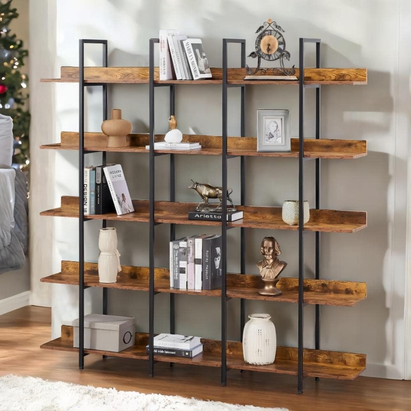 Tall Open Shelf Bookcase with Black Metal X-Cross Bracing
