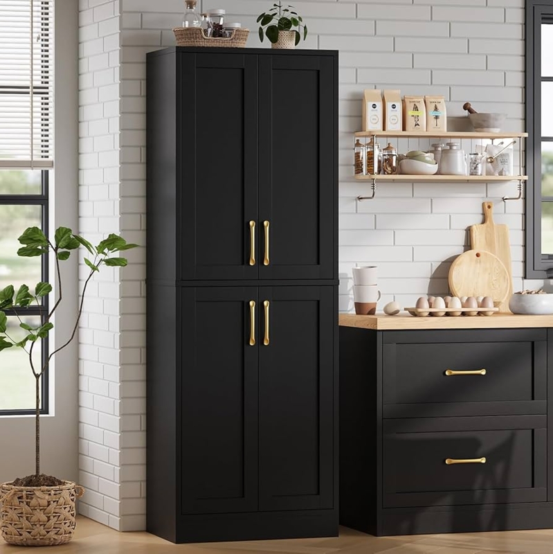 Tall Pantry Cabinet Shaker Style with Slim Gold Handles