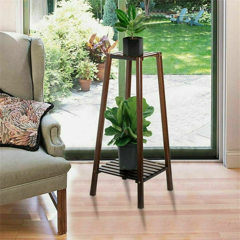 Tall Plant Stand Espresso Finish Slatted Shelves Tapered Dark Shelf