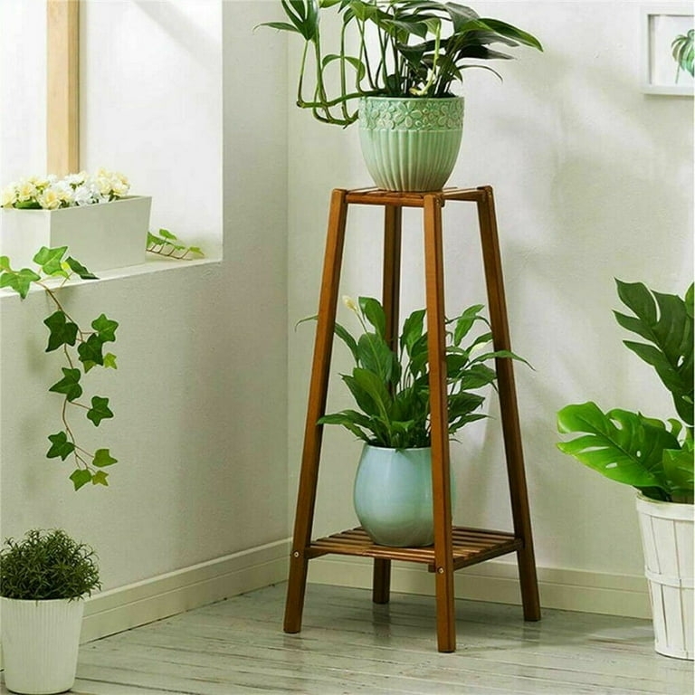 Tall Plant Stand Tapered Legs Slatted Shelves Medium Brown Wood Holder