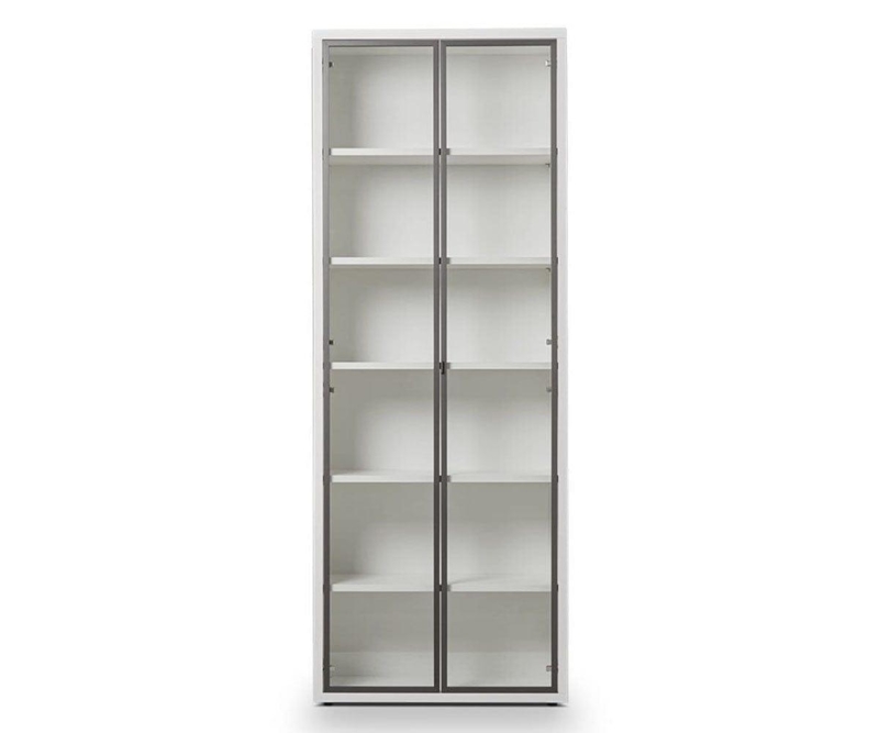Tall Scandinavian Bookcase with White Finish and Glass Doors