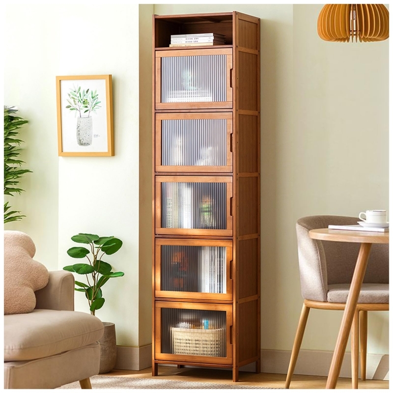 Tall Six Tier Bookcase with Ribbed Glass Doors, Modern Storage Tower