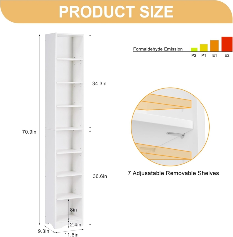 Tall Slim Bookcase Moisture Resistant Base Eight Tier Adjustable Shelf