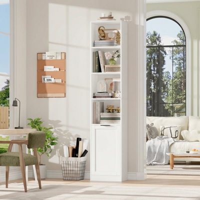 Tall Slim White Bookcase with Bottom Cabinet, Modern Storage Tower