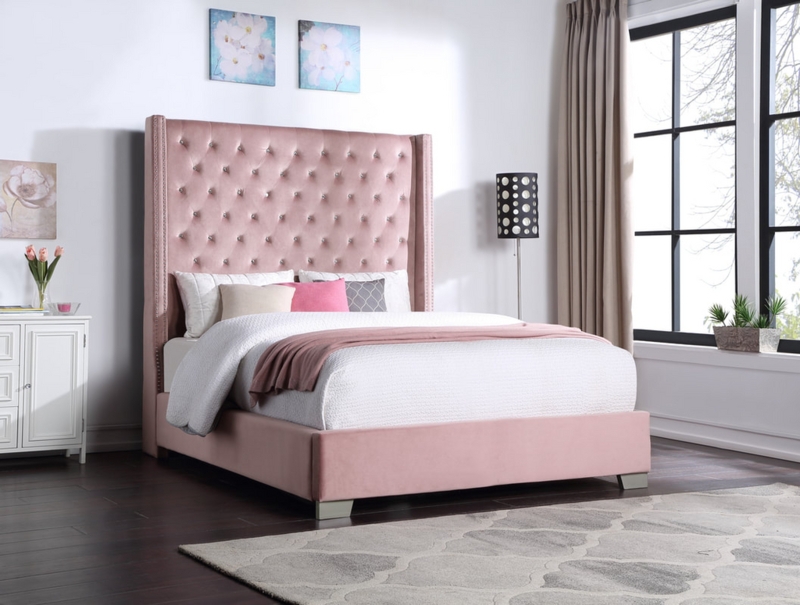 Tall Velvet Headboard Queen Bed with Wingback Silhouette and Tufting