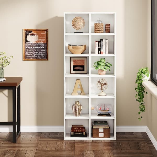 Tall White 12-Shelf Bookshelf Office Grid Storage
