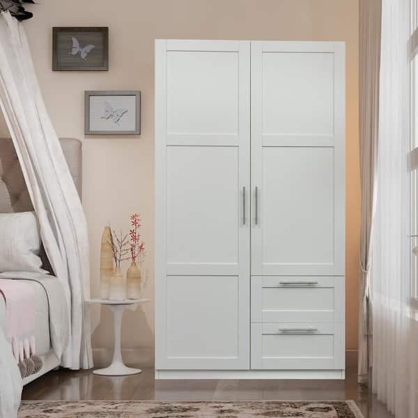 Tall White Armoire with Asymmetric Drawers and Shaker Doors
