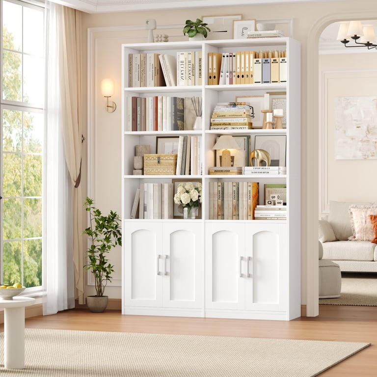 Tall White Bookcase with Arched Doors and Double Row Cubby Storage