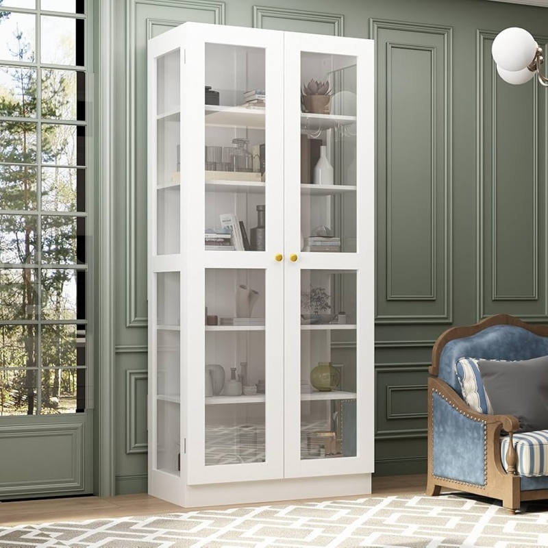 Tall White Bookcase with Glass Upper and Solid Lower Doors