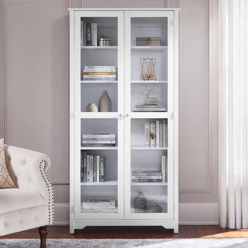 Tall White Bookcase with Mullioned Glass Doors and Round Knobs