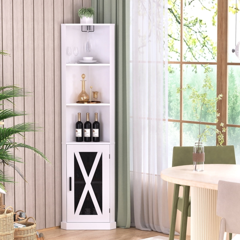 Tall White Corner Bar Cabinet with X-Brace Door and Open Shelves