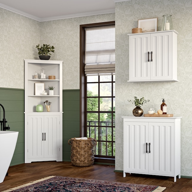 Tall White Linen Cabinet featuring Beadboard and Black Handles