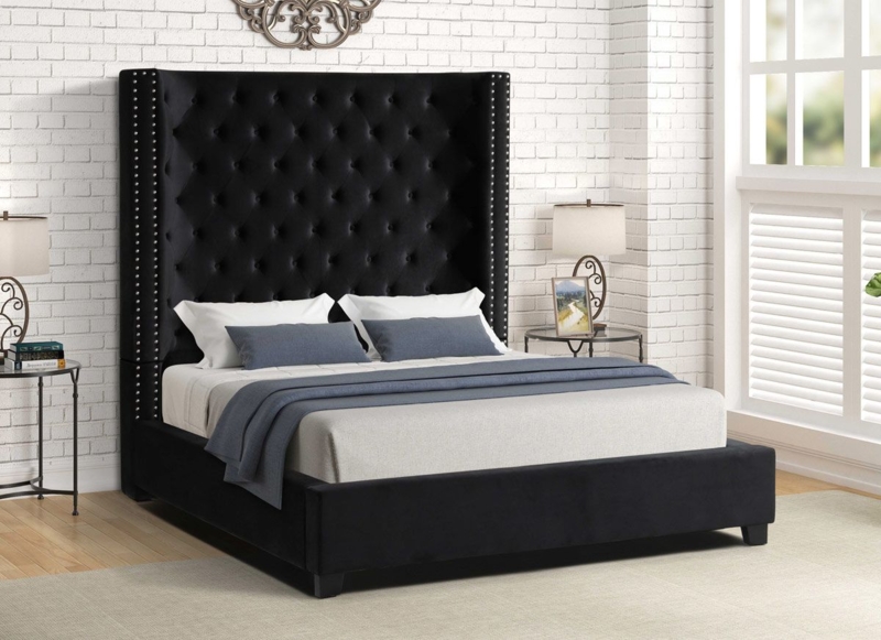 Tall Wingback Bed Diamond Tufting Nailhead Trim Velvet Upholstery Dramatic