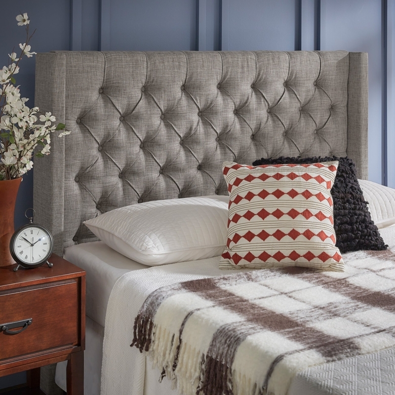 Tall Wingback Headboard Linen Texture Diamond Stitching Transitional