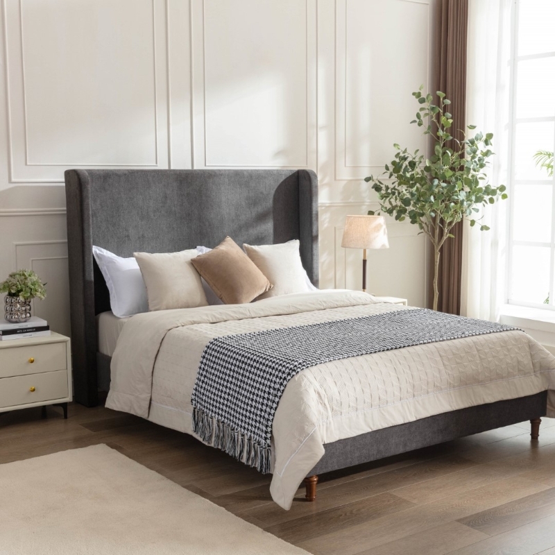 Tall Wingback Upholstered Bed in Dark Gray Velvet