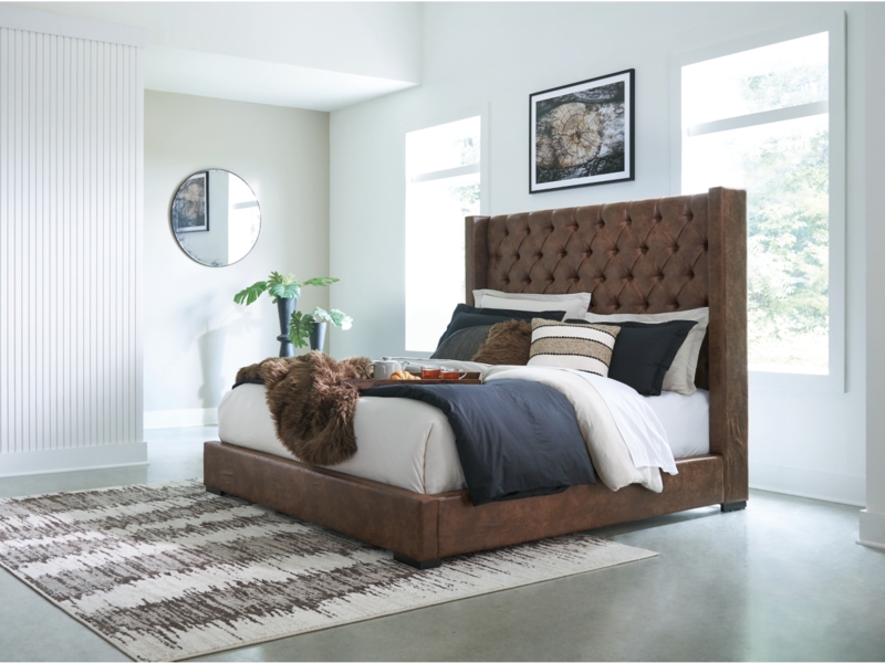 Tall Wingback Upholstered Bed in Weathered Brown with Diamond Tufting