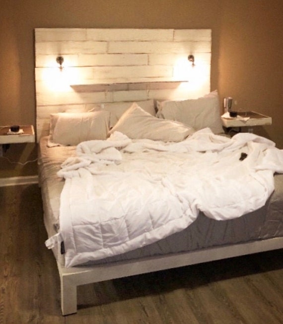 Tall Wood Headboard Integrated Sconces Rustic Plank Style