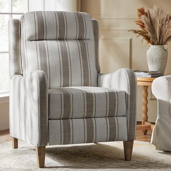 Tan and Cream Vertical Stripe Wingback Recliner with Tapered Legs