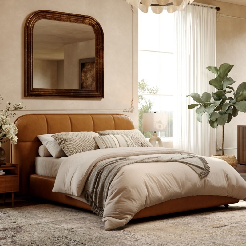 Tan Channel Tufted Platform Bed, Leather-Like Upholstery, Modern Style