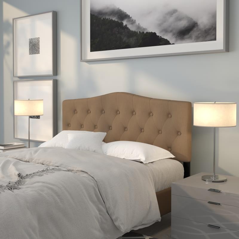 Tan Fabric Camelback Headboard with Diamond Button Tufting Detail