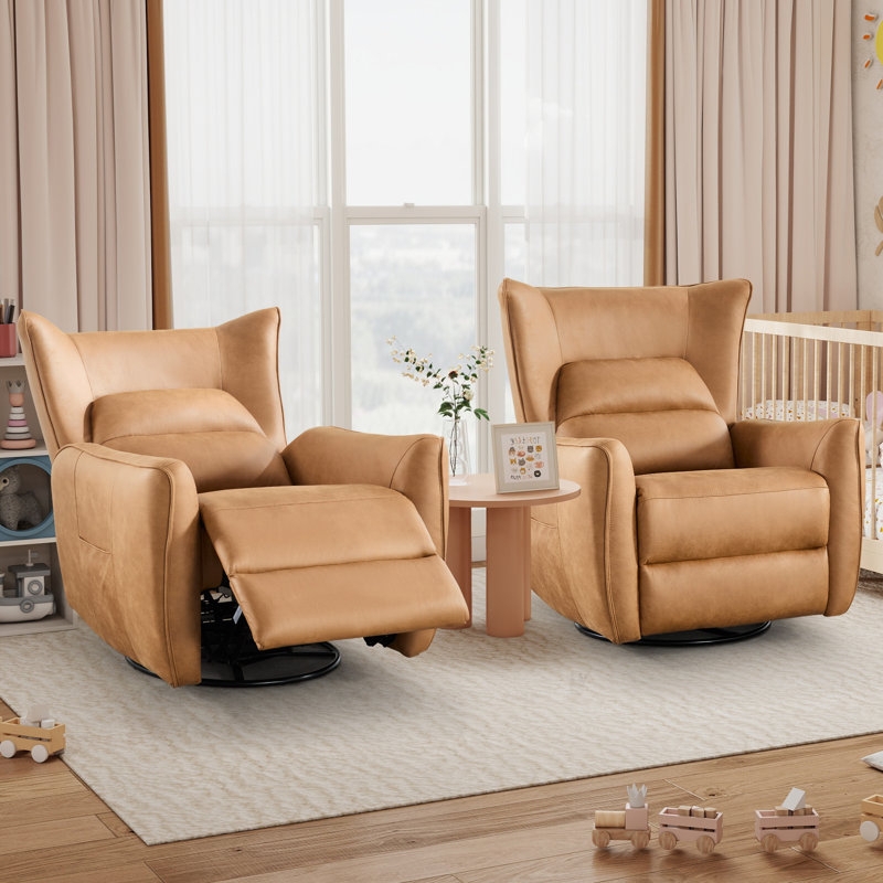 Tan Fabric Power Swivel Rocker Recliner Set Wingback Style