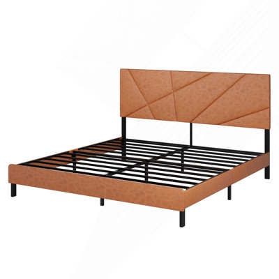 Tan Faux Leather Bed with Geometric Stitched Headboard, Industrial Style