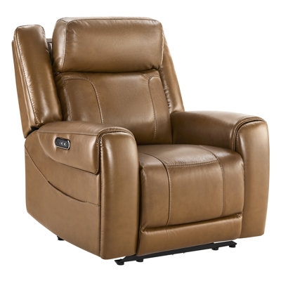 Tan Leather-Like Power Recliner with Track Arms and Side Pocket