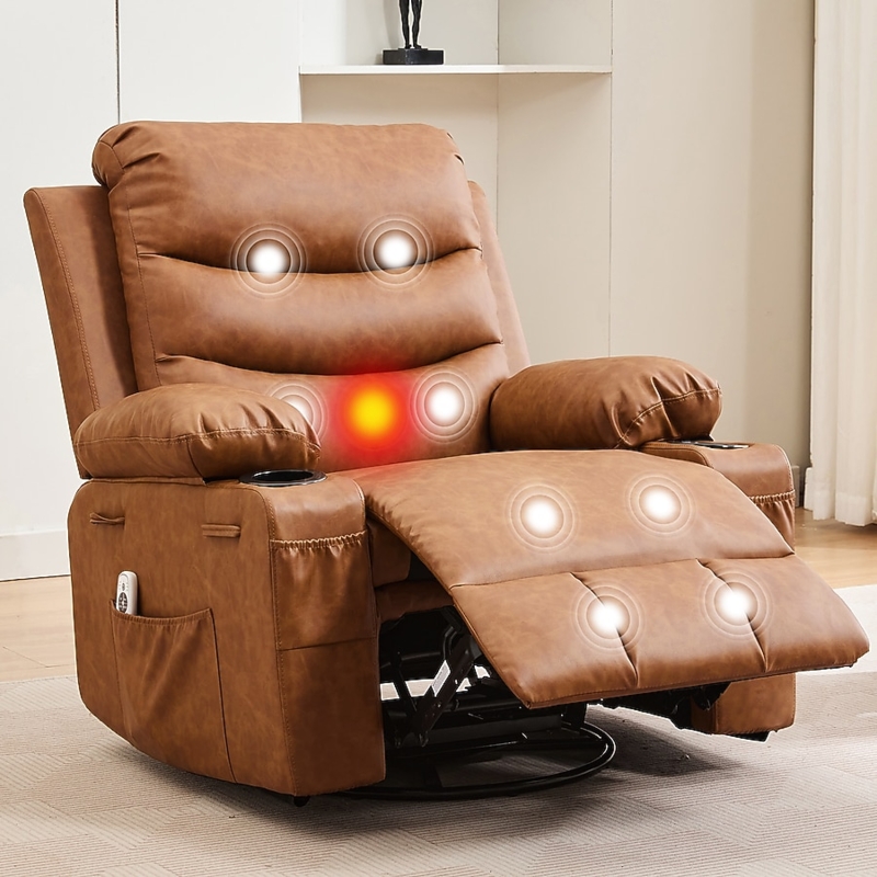 Tan Leather-Like Swivel Rocker Recliner with Massage & Cup Holders