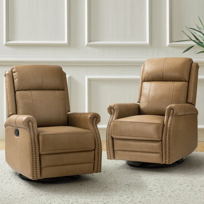 Tan Leather-Like Swivel Rocking Recliner with Nailhead Trim