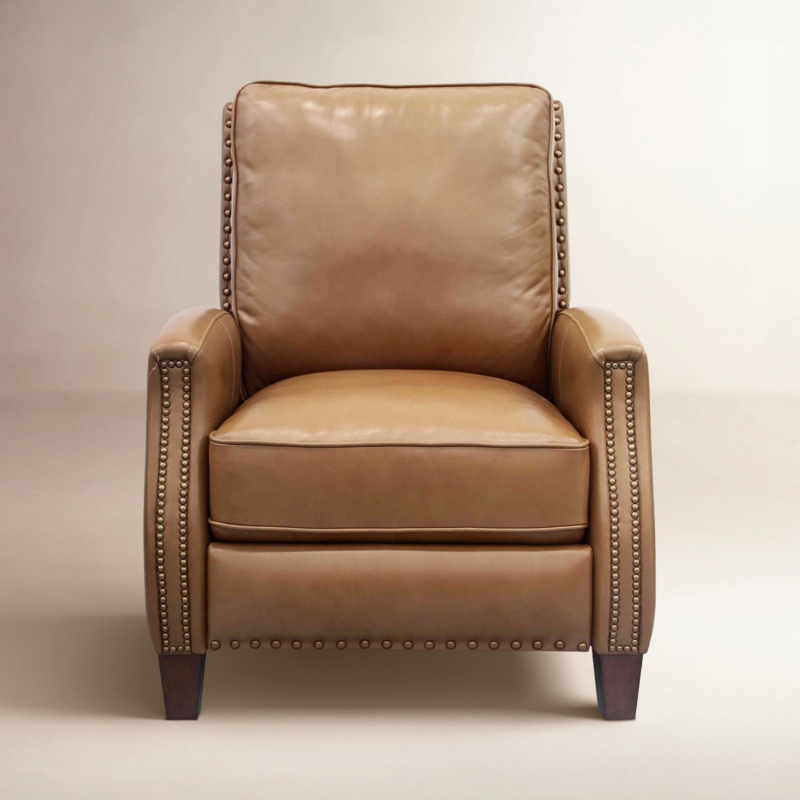 Tan Leather Recliner with Tapered Legs and Piping Detail
