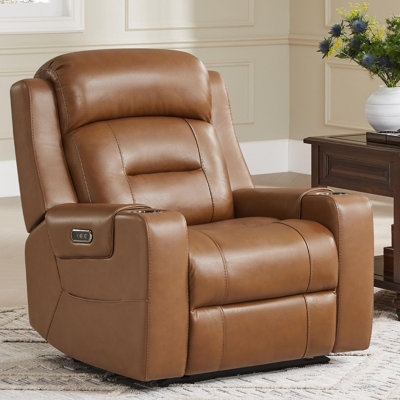Tan Power Recliner Chair with Lay Flat and Cup Holders