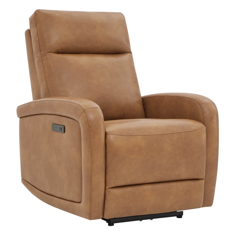 Tan Power Recliner with Wall Hugger Design and Power Headrest